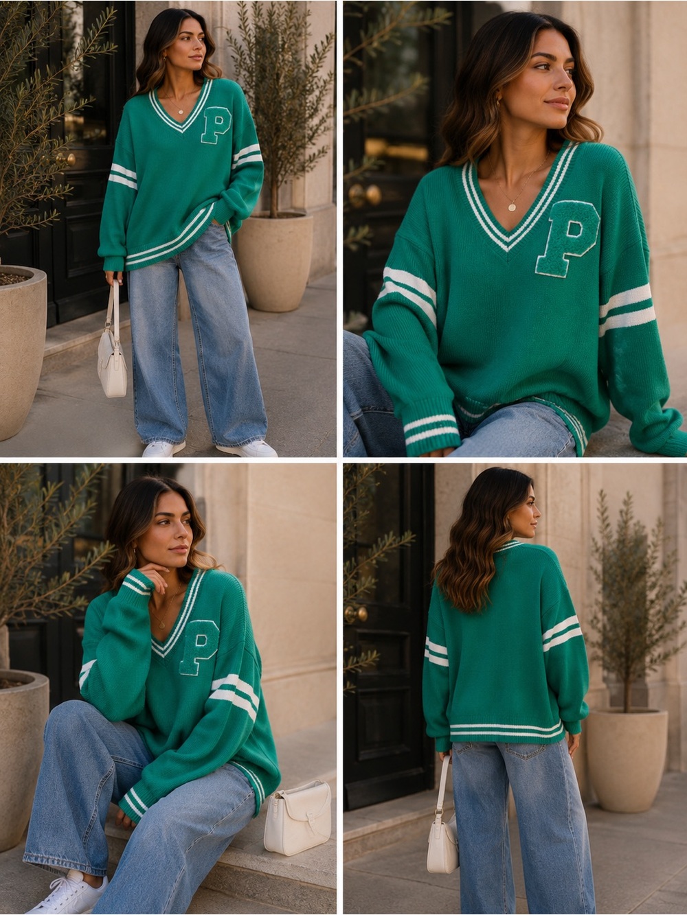 ShopEvelynne Green V-Neck Varsity Sweater with White Stripes - Picture 2 of 2